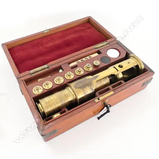 DRUM-PATTERN COMPOUND MICROSCOPE by J (JOSEPH) AMADIO, THROGMORTON ST, LONDON, c.1855-1870, IN MAHOG CASE